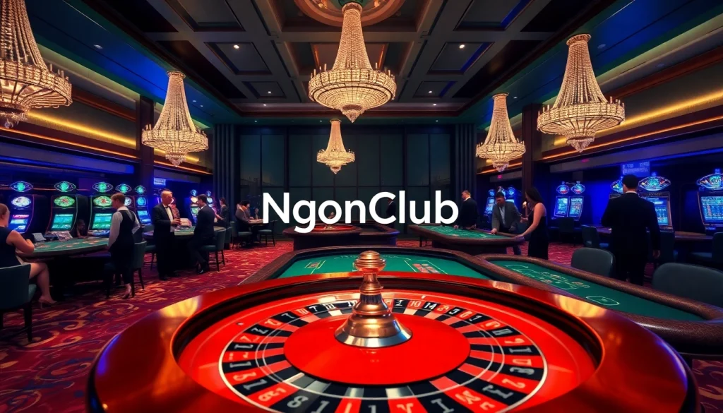 Exciting gaming scene at NgonClub casino with roulette, blackjack, and elegant patrons.