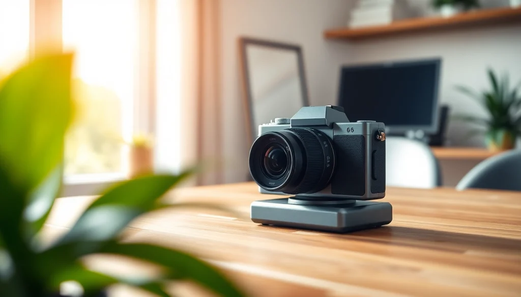 Capture of a sleek caméra miniature highlighting its design and environment in a modern office.