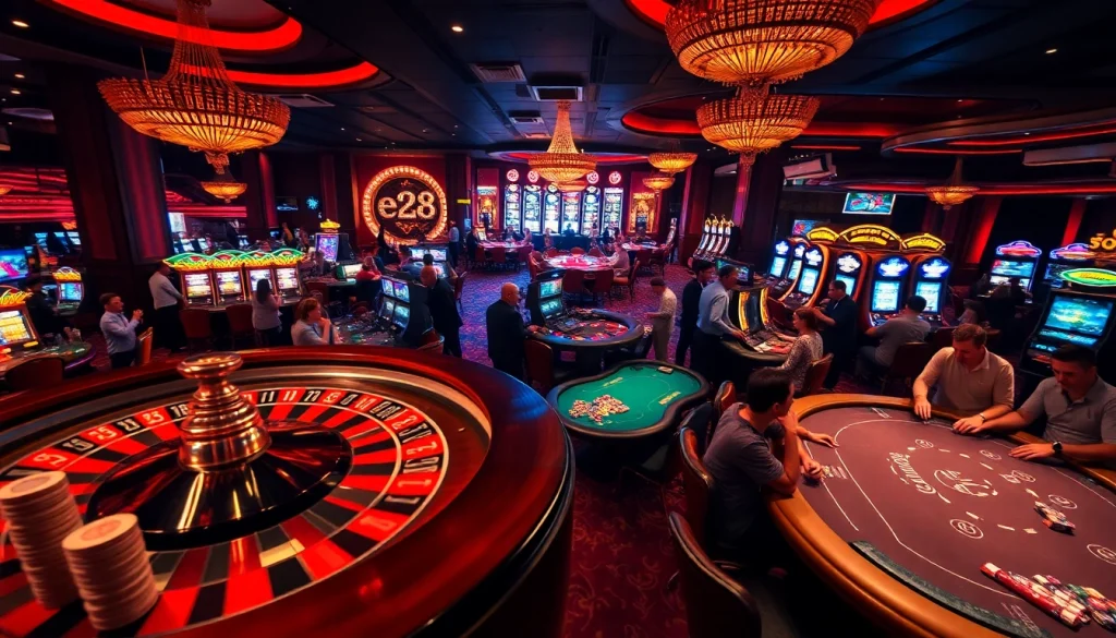 Experience the thrill of the casino floor with e28 themed gaming tables and vibrant slot machines.