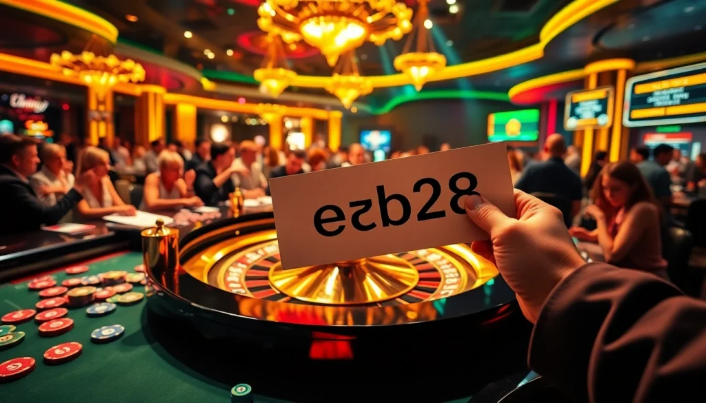 Experience the thrill of gambling with e28 at a vibrant roulette table, showcasing colorful chips and excited players.