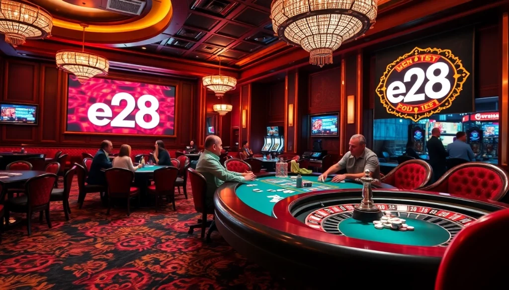 Experience the excitement of a casino game featuring the keyword e28 amidst colorful poker chips and players at the table.