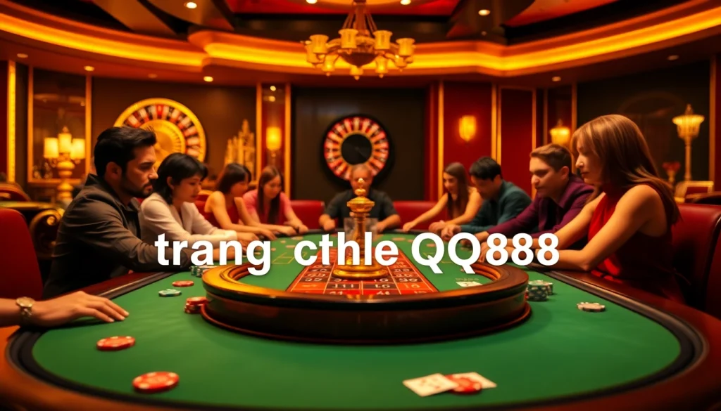 Experience excitement at the trang chủ qq88 online casino with players enjoying a thrilling poker game under golden lighting.