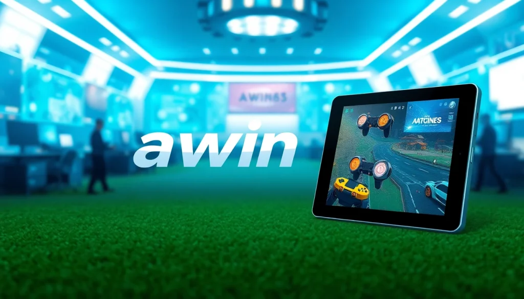Awin68 com logo showcased in a vibrant digital landscape with gaming elements.