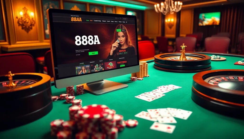 Experience the thrill of 88AA đăng nhập at a vibrant casino setting filled with poker chips and a roulette wheel.