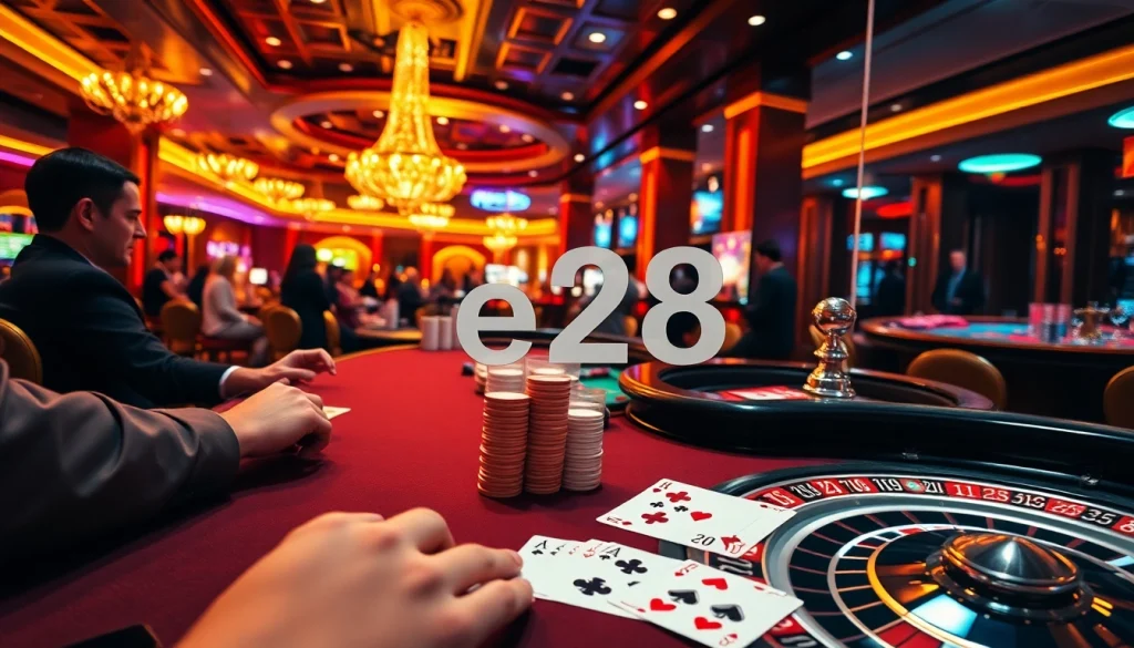 The lively casino floor with poker and roulette games highlights the thrilling moment as players embrace their luck at e28.