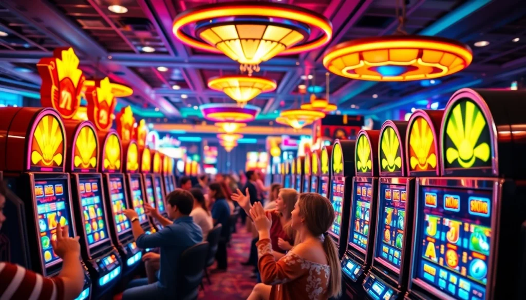 Exciting slot hoki gaming scene with players celebrating wins in a vibrant casino setting.