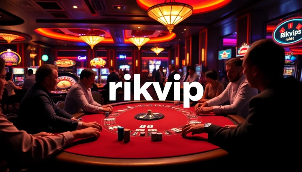 Experience excitement at a casino featuring rikvip-themed poker tables, roulette wheels, and vibrant slot machines.